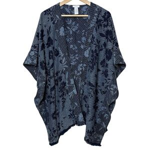 Pure Jill Shawl Kimono Poncho Women XL-3X Cotton Frayed Woven Layer Blue Coastal
